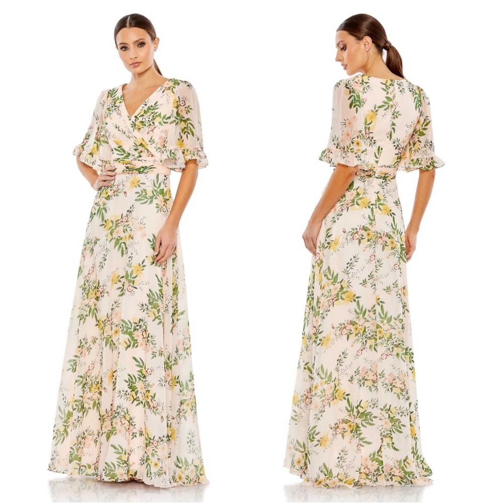Mac Duggal Peach Floral Wrap Maxi Dress with Green Leaf Print
